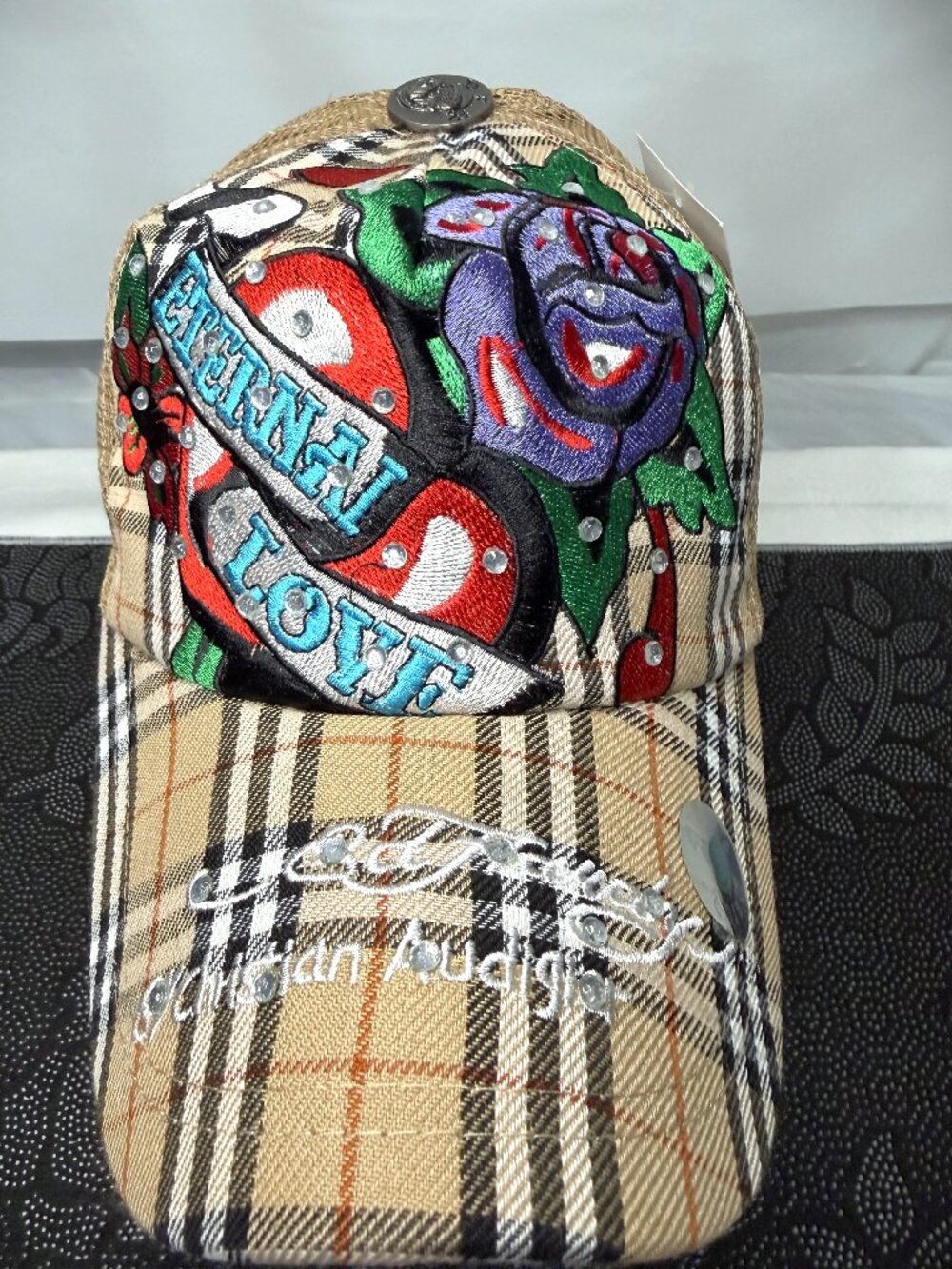 Ed Hardy Eternal Love Burberry Plaid Rhinestone Trucker Hat Snapback NWT